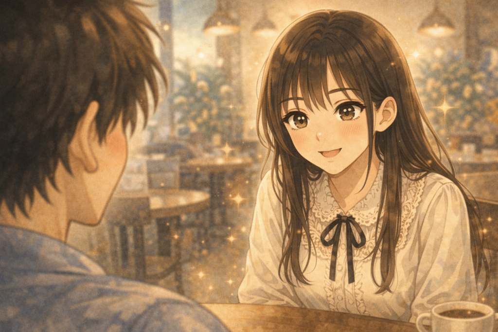 好きすぎてツムギがキラキラして見えるソウタ。夢中になっている心境を表現。