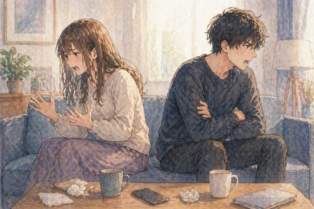喧嘩をして関係が壊れていくカップル。