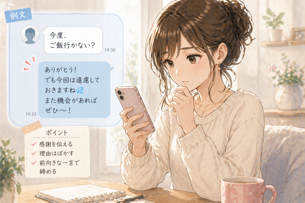 デートの誘いをLINEで上手に断る女性。