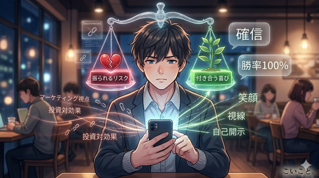 告白をしていいのか葛藤する男性。