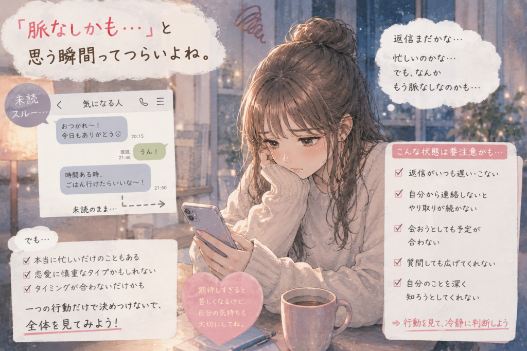 男性とLINEする女性。返信はそっけない。
本当に脈なしなケースをテキストで解説。