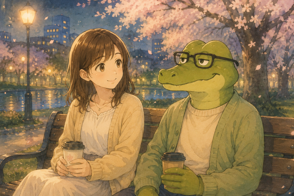 公園のベンチで会話するミユとワニオ。
