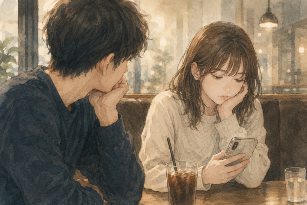 彼女がスマホばかりみて会話が弾まないカップル。彼女が冷たいことを表現。