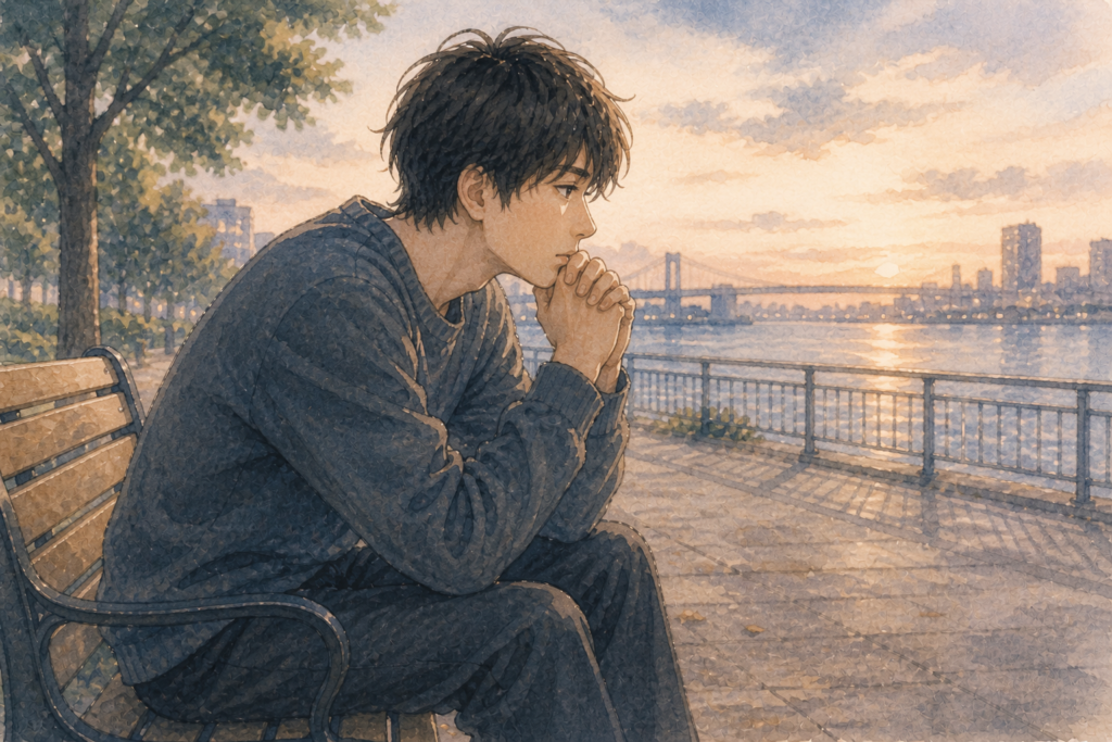 別れるべきかベンチで悩む男性。