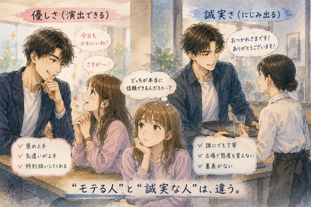 演出した優しさを見せる男性と誠実な男性の対比。