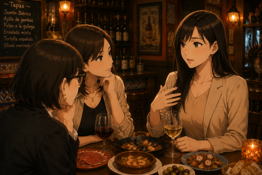 スペインバルで語り合う3人。ユキノが大人の意見を語っている。
