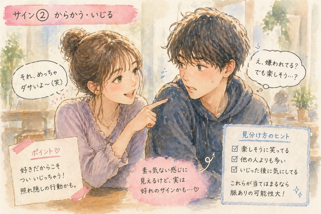好きな男性をいじる女性。わかりにくい脈ありサインを表現。