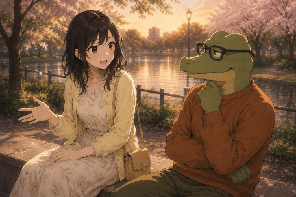 ミユの悩みを聞くワニオ。
