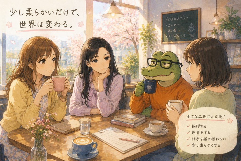 座談会するミユ、ミサキ、ワニオ、ユウカ。少し柔らかくなるだけでも変われることをテキストで明示
