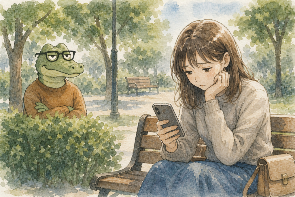 恋愛依存の女性を観察するワニオ。