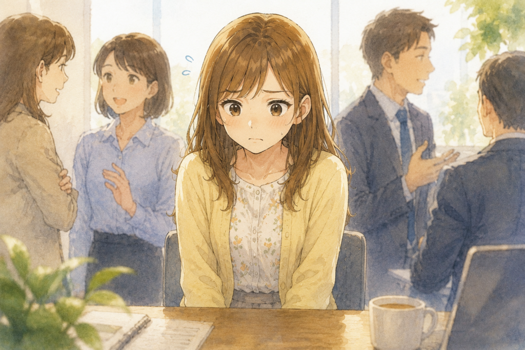 緊張して人見知りする女性。結果愛想よくないと思われがち。