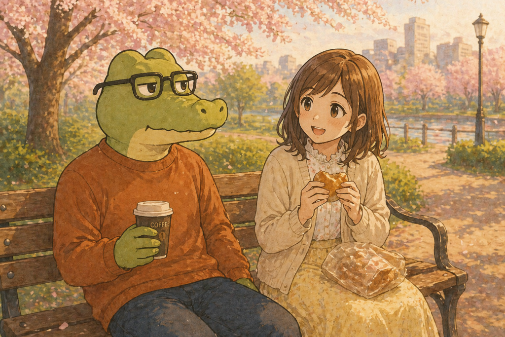 公園のベンチでパンを食べるミユとワニオ。