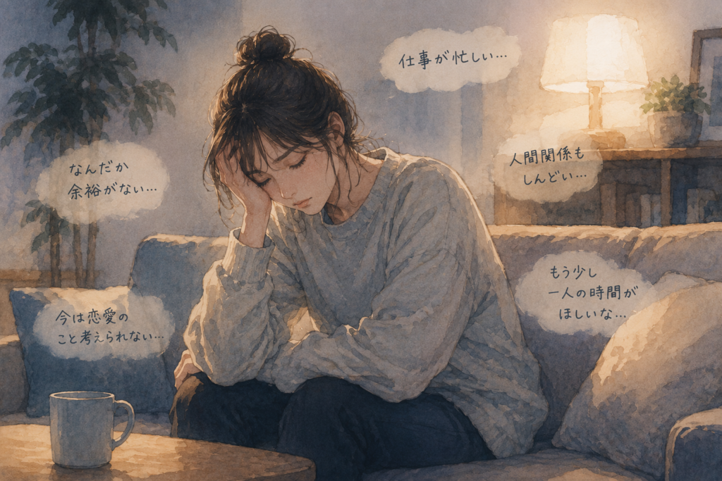私生活に余裕がなく人に優しくできる状態にない女性。彼女が冷たくなる理由を表現。