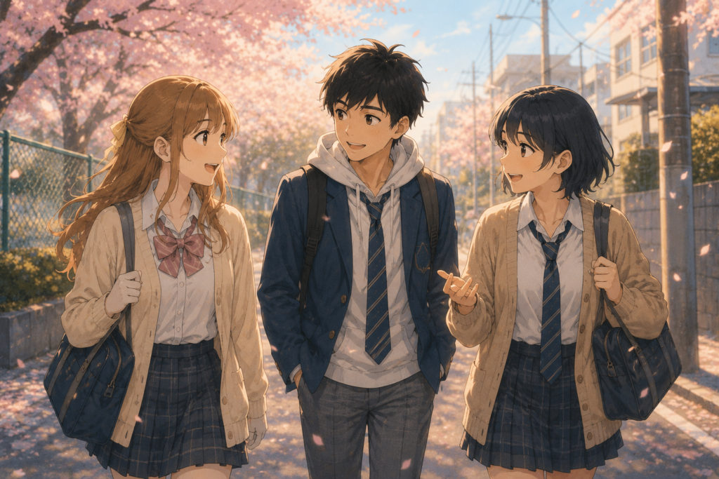 高校生時代のアカリとハルキとシュウ。