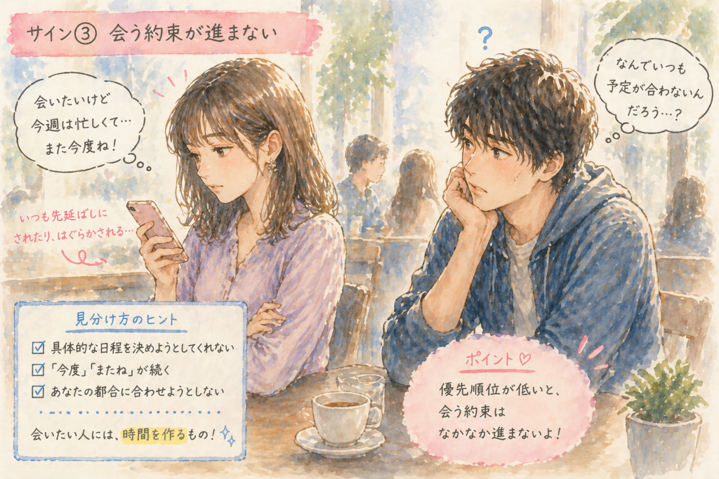 会う約束が進まない男女。女性は脈なしの可能性が高いことを表現。