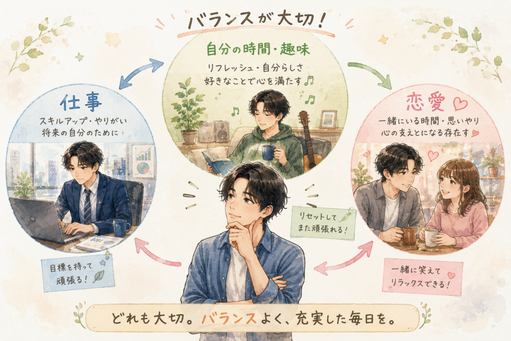 仕事、自分の時間、恋愛それぞれバランスよく楽しむ男性。