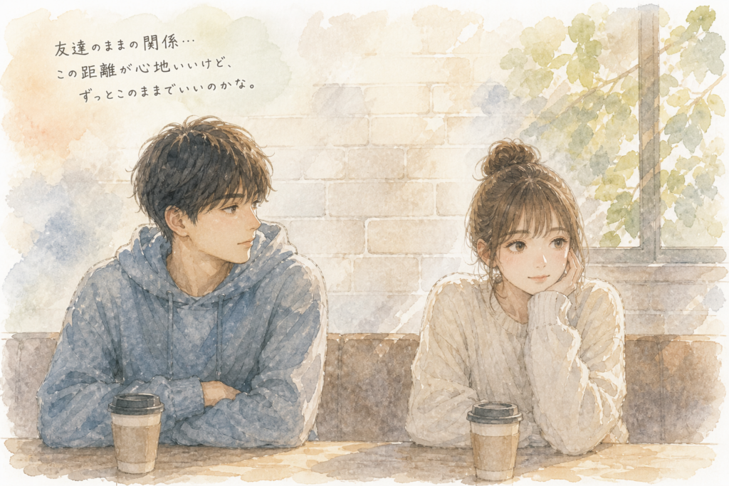 友達から恋人へ進展したいが今の関係が壊れるのが不安な男性。