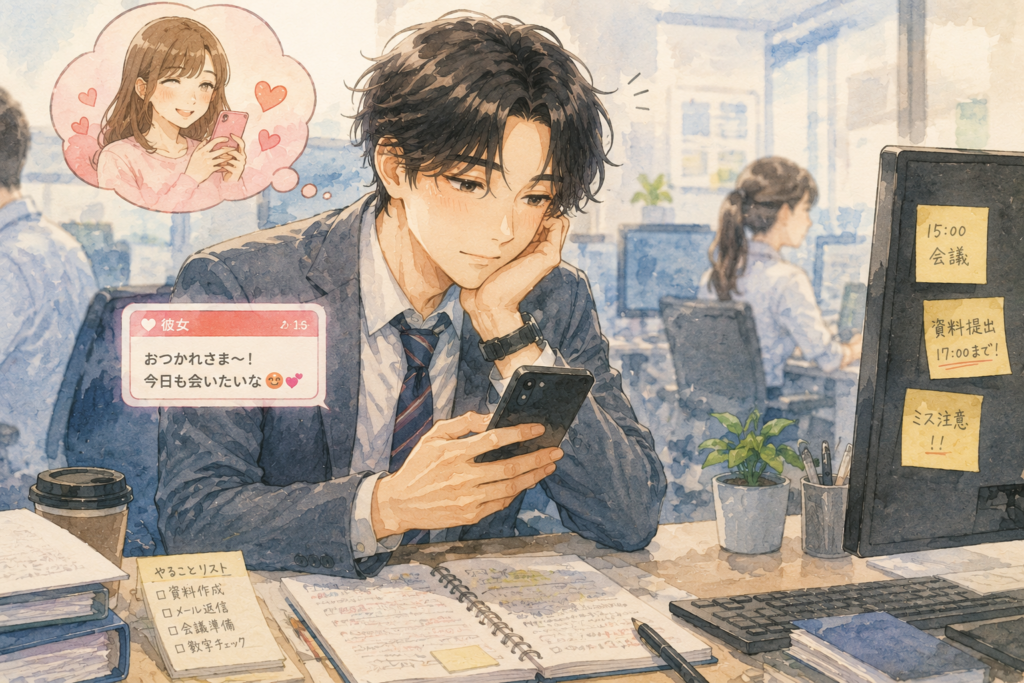 彼女に夢中で仕事が手につかない男性。