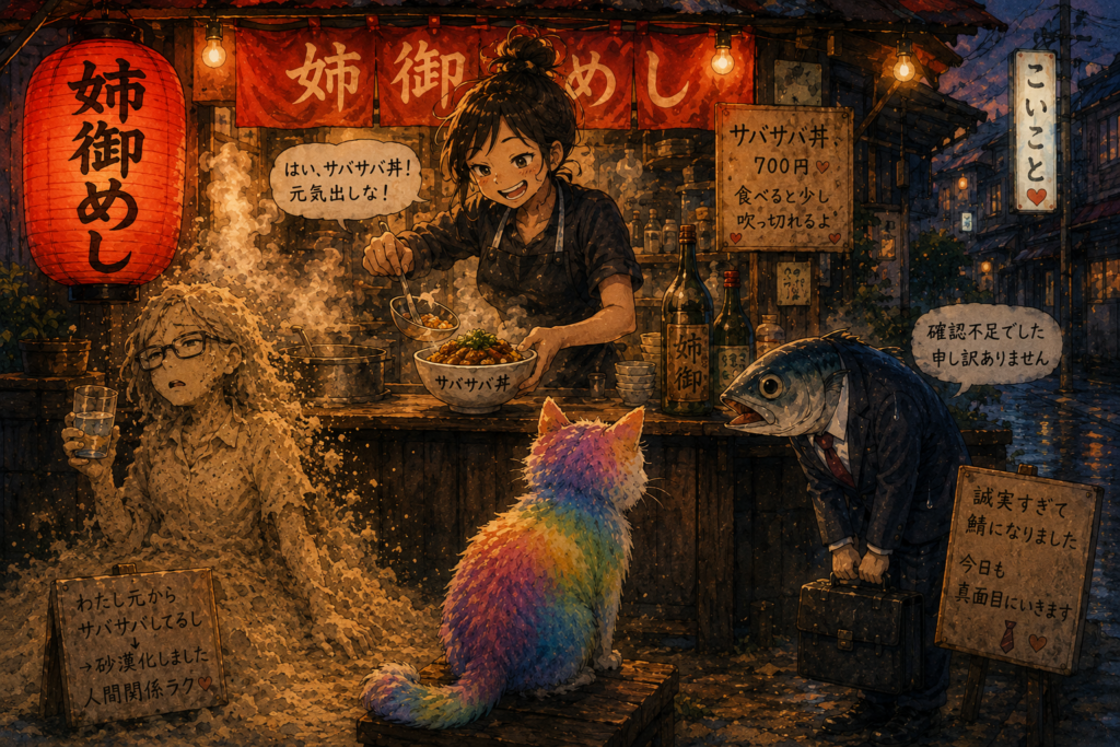 屋台姉御めし。サバサバ丼を作るナナ、鯖になるリク、砂漠化するミカコ。