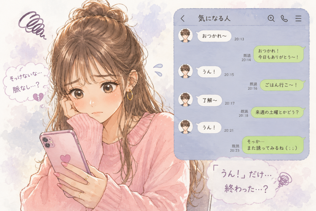 男性のそっけないLINEの返信にモヤモヤする女性。そっけないけど実は脈ありなシチュエーション。