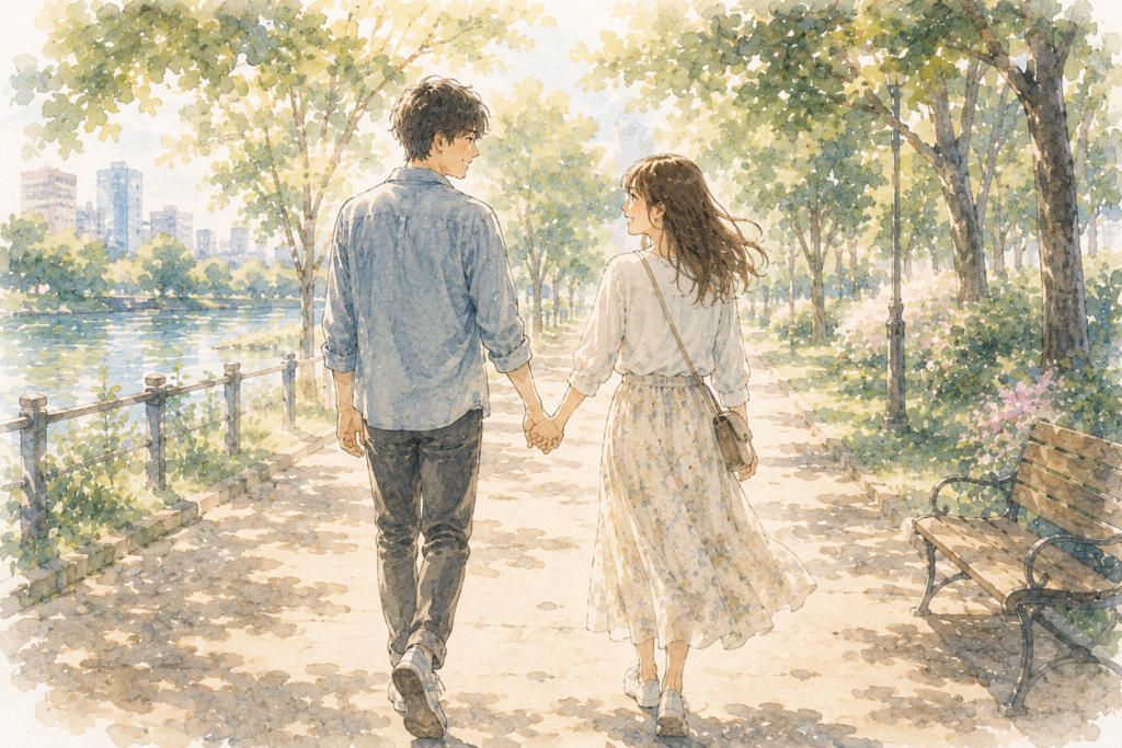 手を繋いで歩くカップル。距離感の調整がうまい。