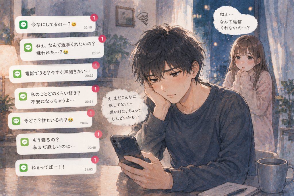 連絡が多すぎて困惑する彼氏。彼女の依存が強いことを表現。