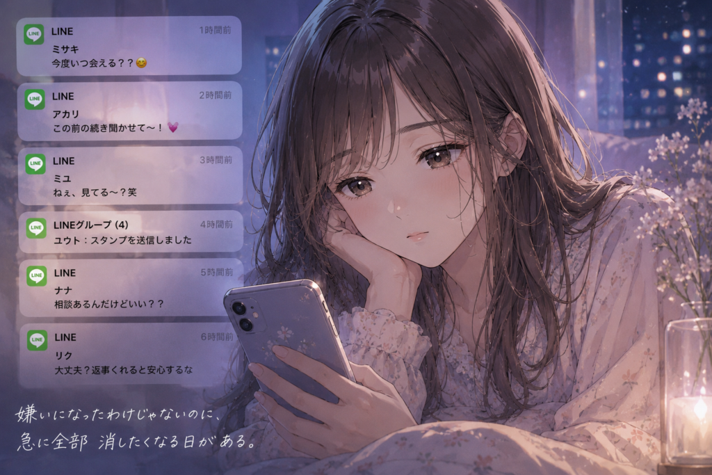親しい人からのLINEがたくさん。それを見てシンドイと感じる女性。