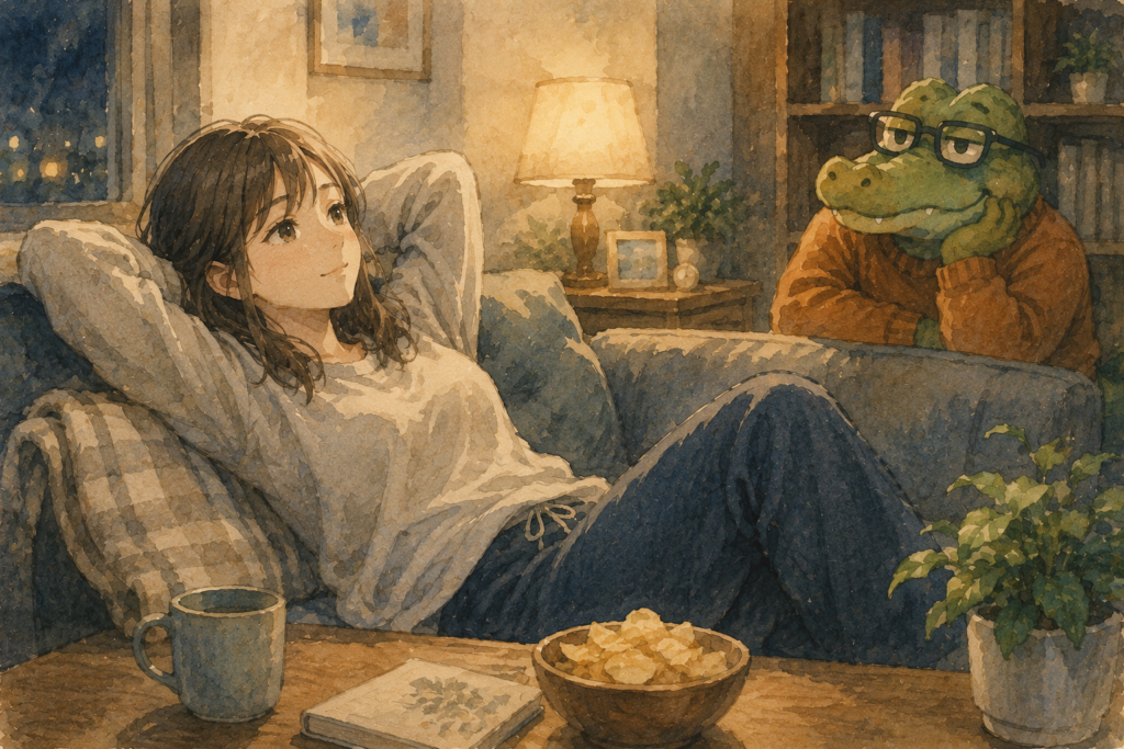 家で寝転ぶ女性。キャラ作りをしない休演日を取っている。