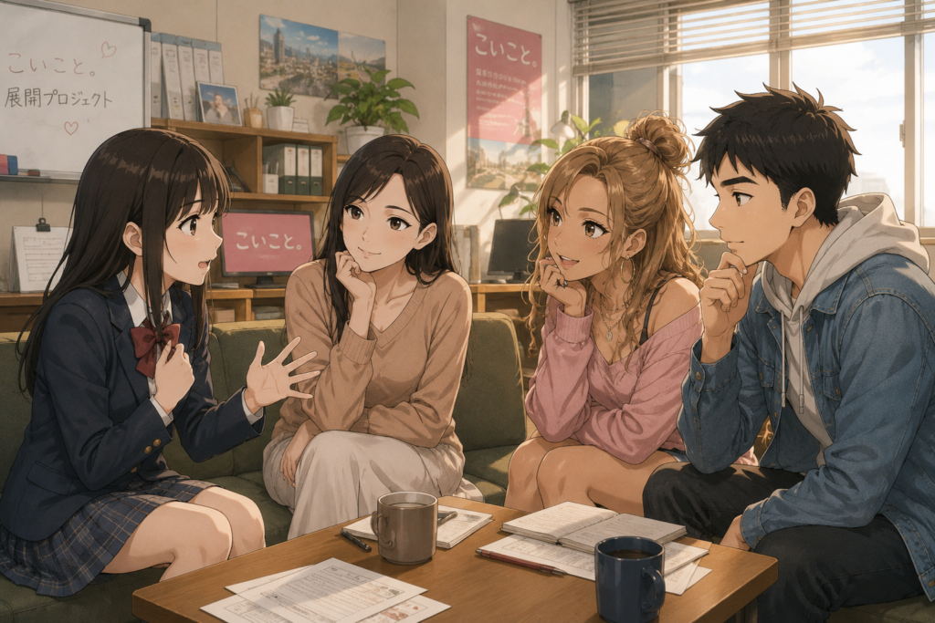 編集部でチカの相談に乗るユキノ、アカリ、ハルキ。