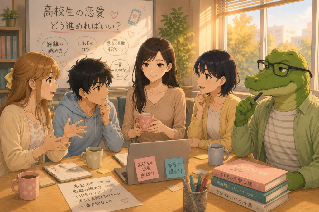 座談会開始。話し始めるアカリとハルキとシュウ。見守るユキノとワニオ。