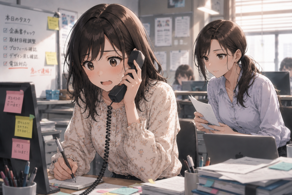 クレームの電話にテンパるミユ。