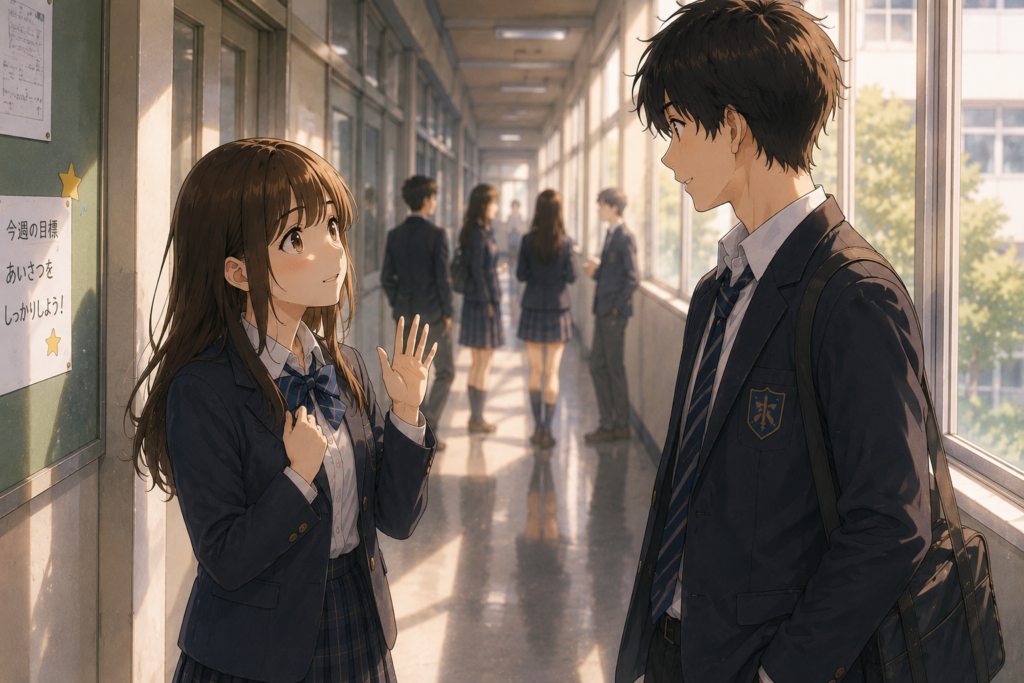 勇気を出して先輩に挨拶する後輩女子。