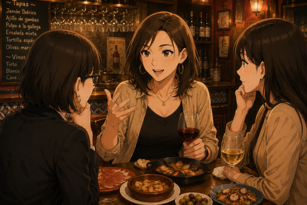 スペインバルで熱く語るナナ。それを聞くミカコとユキノ。