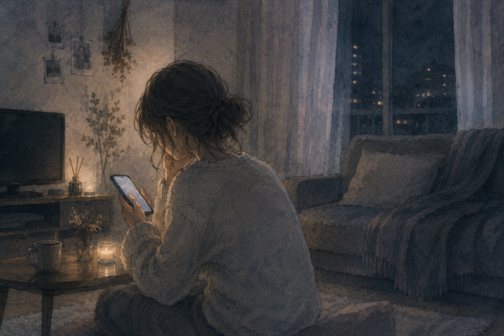 夜の部屋でスマホを眺める女性。恋人と別れて寂しい気持ち。