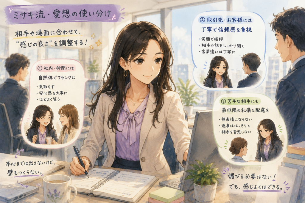 ミサキなりの愛想の使い分けをイラストとテキストで表示