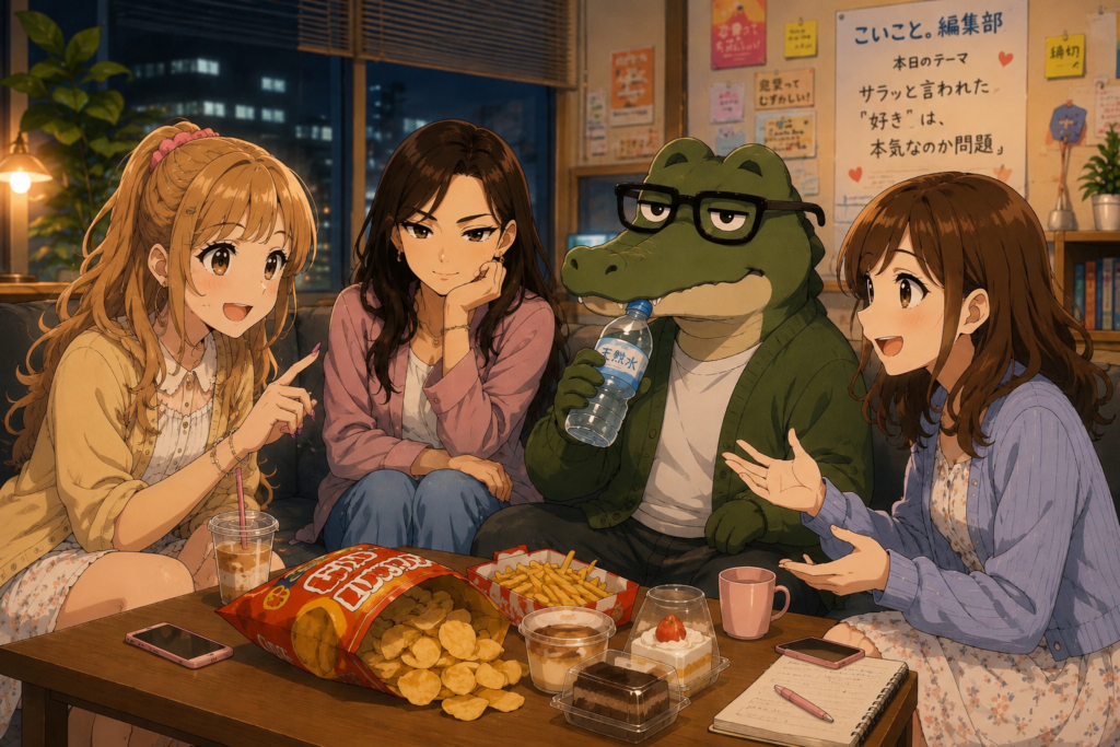 編集部で「サラッと好きと言われた」をテーマに恋バナするこいこと。メンバーたち。