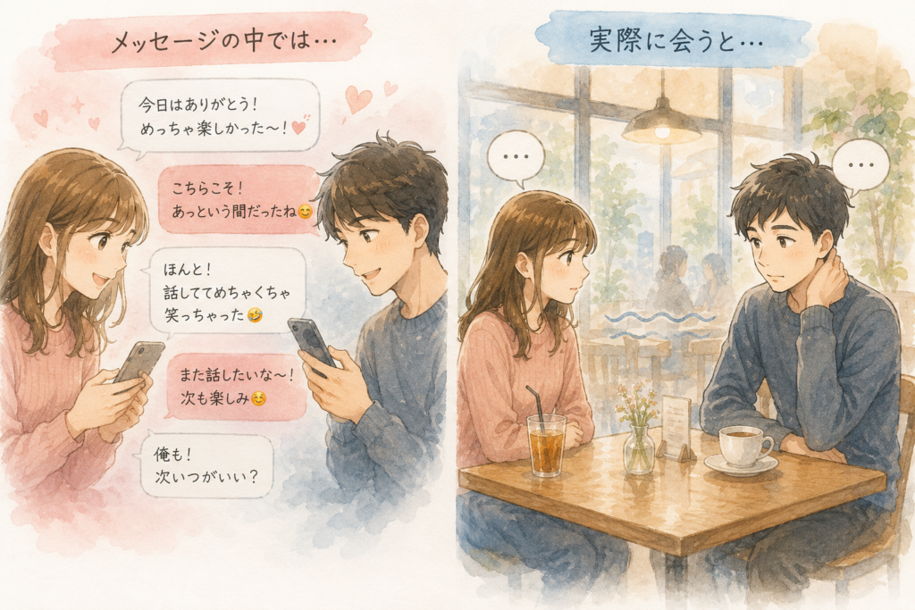 LINEのやり取りは盛り上がったが、実際会ってみると違和感のある男女。デートしたらなんか違ったを表現。
