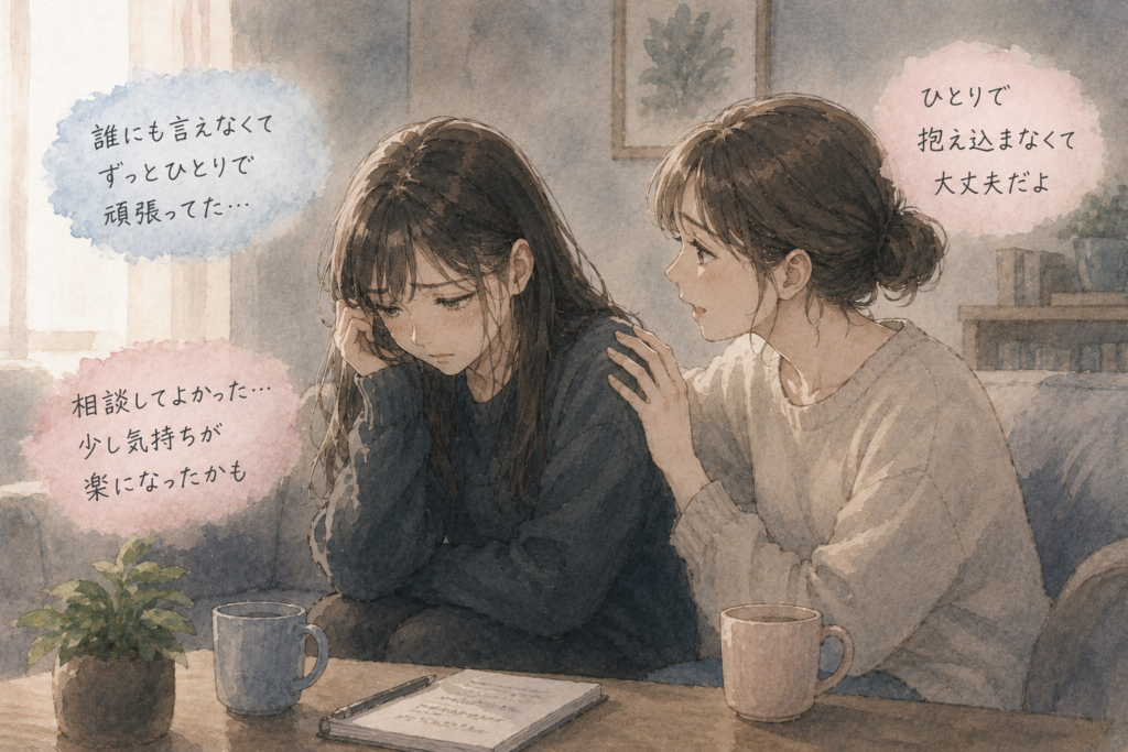 モラハラ彼氏について信頼できる相手に相談する女性。別れる時にはひとりで抱え込まないことも大切。