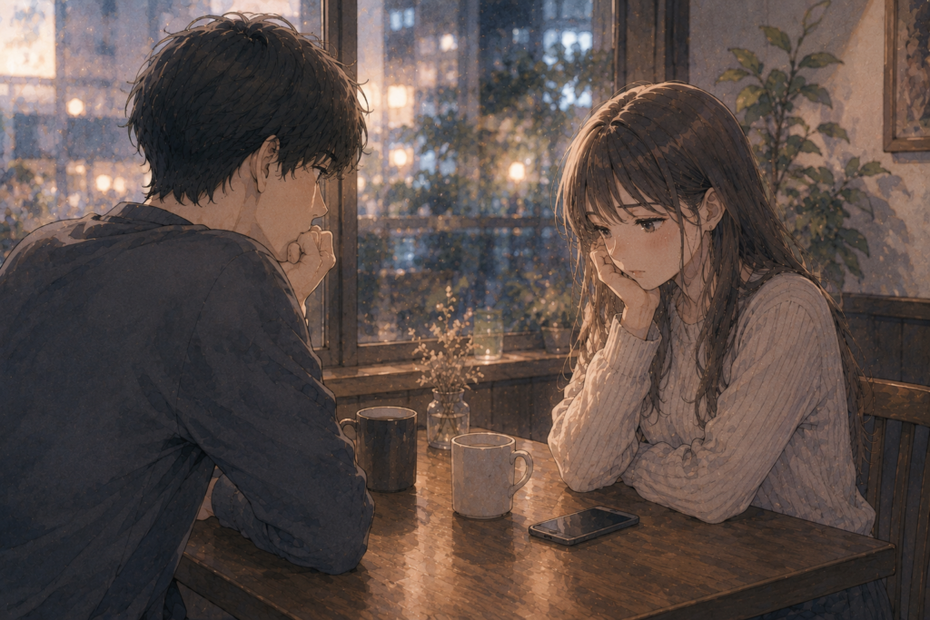深刻な雰囲気のカップル。別れるべきかどうか考えることを表現。