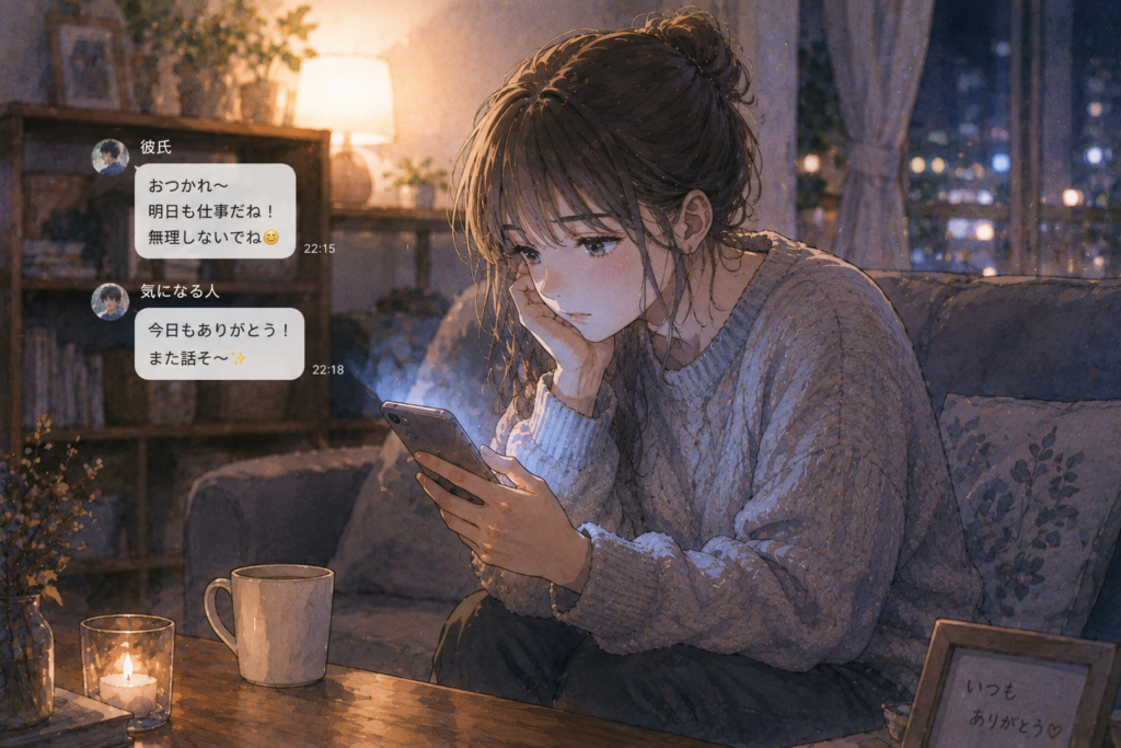 彼氏と気になる男性どちらとも付き合う二股状態になる女性。彼氏以外に好きな人ができた時にやってはいけない行動を表現。