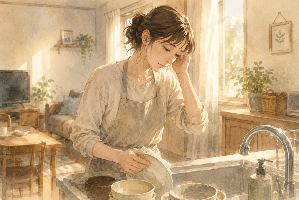 家事をする妻、日常の積み重ねでを表現。