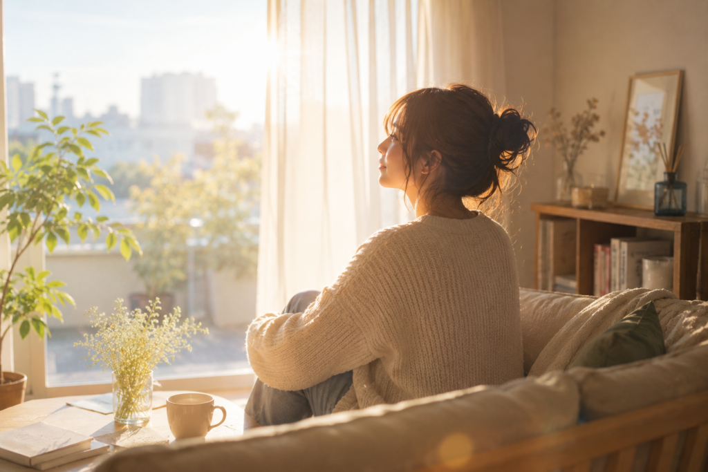 ソファに座り明るい窓の外を眺める女性。前向きな未来に進む決断をしたことを表現。