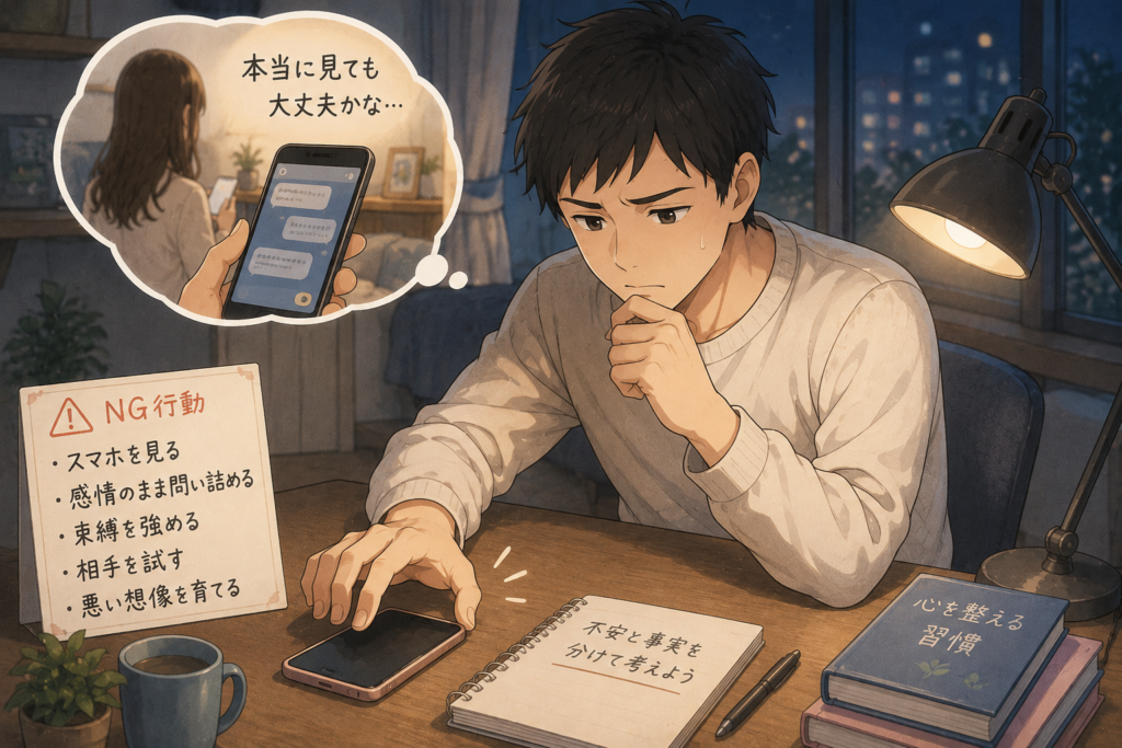 不安から彼女のスマホを見ようとする男性。