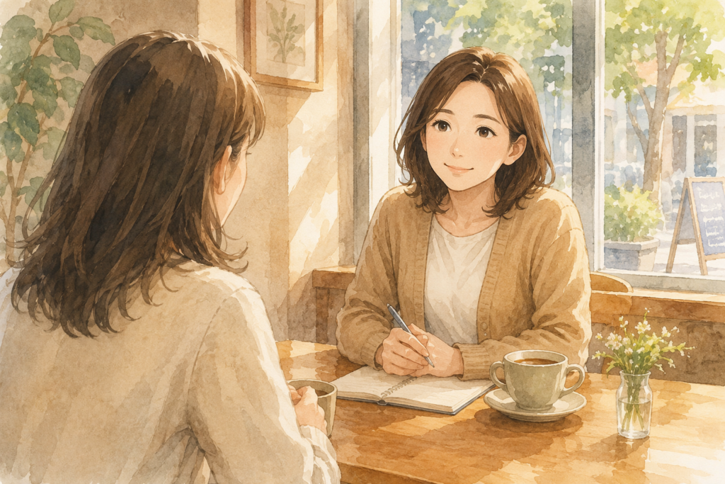 夫婦の悩みを受けるマリ。
