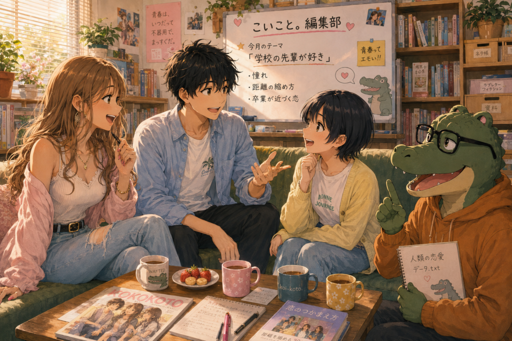 座談会が盛り上がるアカリとハルキとシュウとワニオ。
