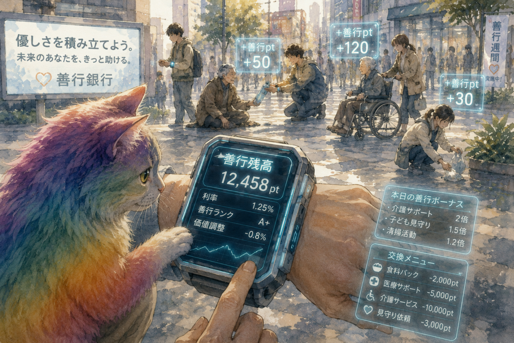 善行ポイントが貯まる端末。それをのぞく虹色の猫ナツメ。