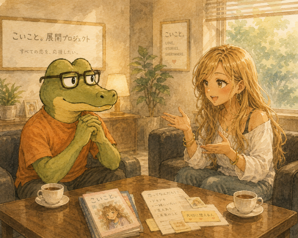恋愛について語るアカリ。真剣に聞くワニオ。