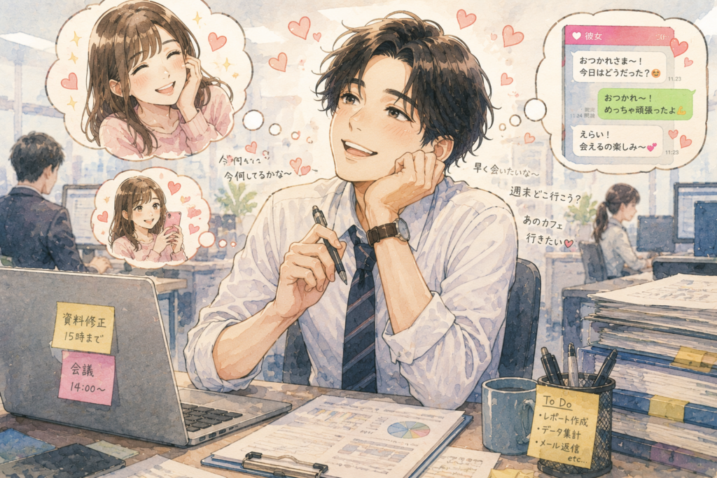 彼女のことばかり考えて仕事が進まない男性。