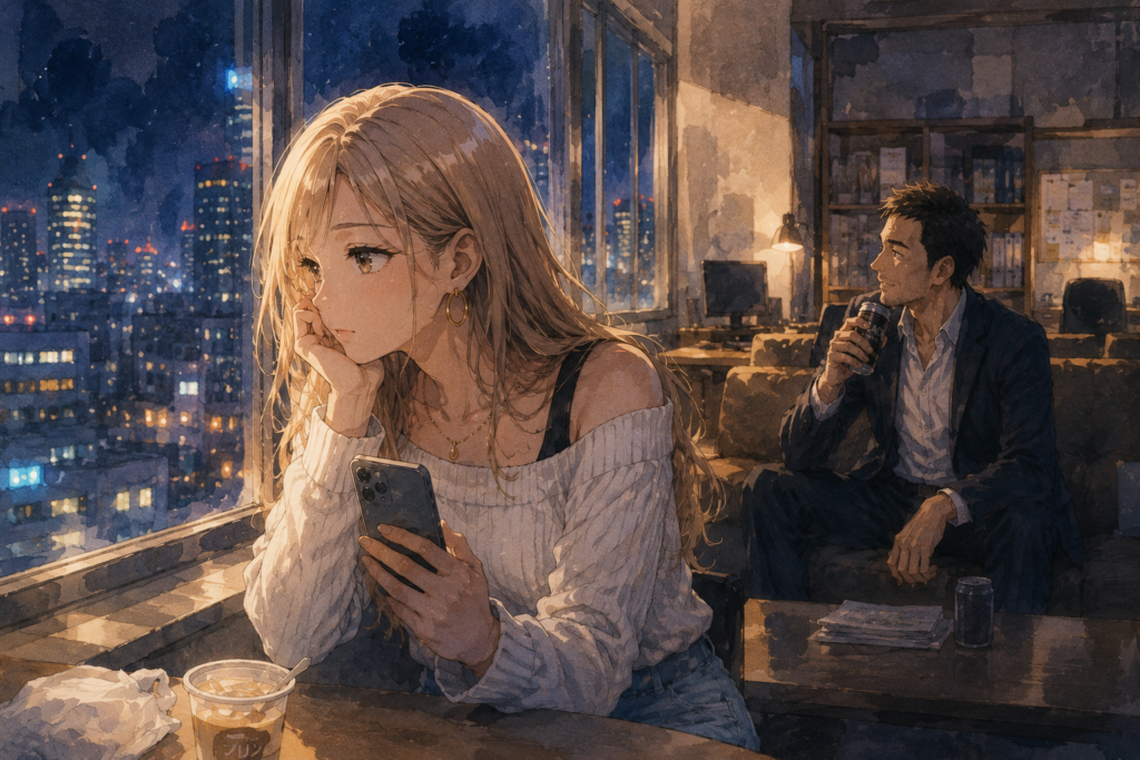 頑張るのに報われない日々に悩むアカリ。それを見守るケンジ。