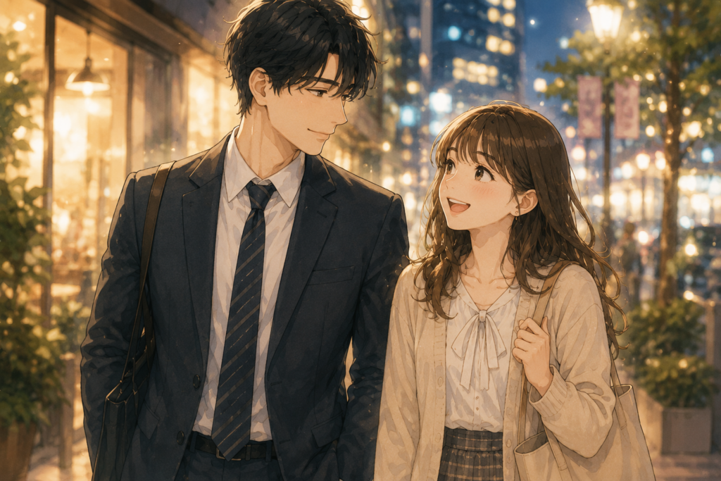デートする社会人と女子大生のカップル。女子大生が社会人に惹かれている姿を表現。